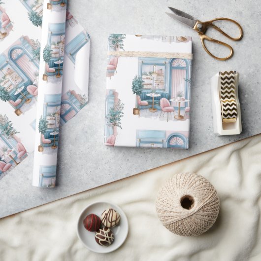 美的フランスのカフェ、ヴィンテージ、 ラッピングペーパー (クラフト)