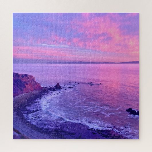 美素晴らししいピンク紫の海サンセット写真 ジグソーパズル (縦)