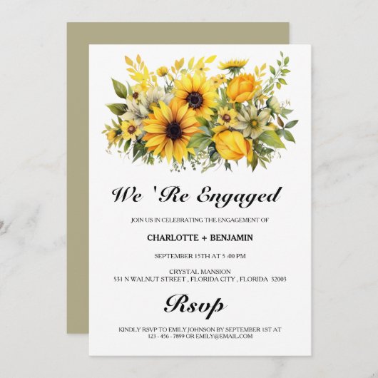 美素朴しいヒマワリ婚約パーティ 招待状 (正面/裏面)