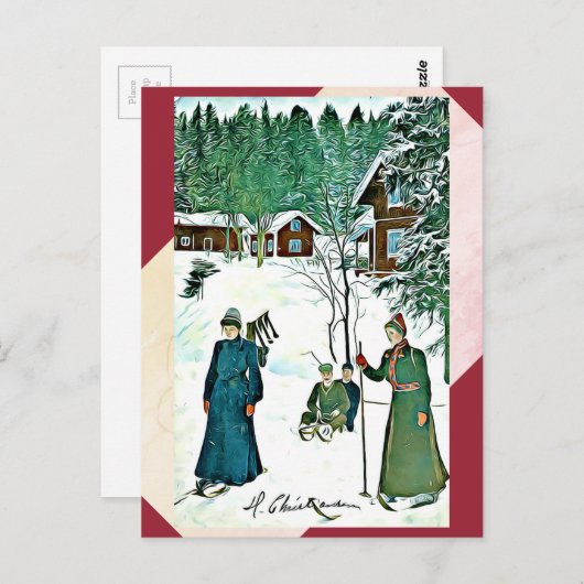 美術のヴィンテージの冬場面赤いですか緑の郵便はがき ポストカード (正面/裏面)