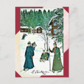 美術のヴィンテージの冬場面赤いですか緑の郵便はがき ポストカード (正面)
