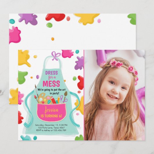 美術パーティー誕生日絵を描招待状の工芸パーティー 招待状 (正面/裏面)