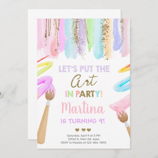美術少女誕生日の招待、アートパーティー招待状。～に 招待状 (正面/裏面)