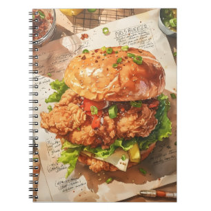 美食のフライドチキンバーガー水彩画レシピ ノートブック