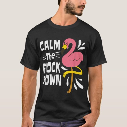 群れを落ち着かせピンクおもしろいのフラミンゴ Tシャツ (正面)