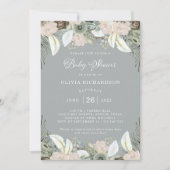 群葉および花柄|の柔らかい灰色のベビーシャワー 招待状 (正面)