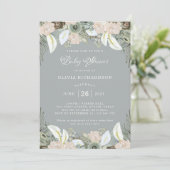 群葉および花柄|の柔らかい灰色のベビーシャワー 招待状 (スタンド正面)