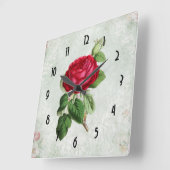 群葉を持つヴィンテージの赤いバラ スクエア壁時計 (傾斜)