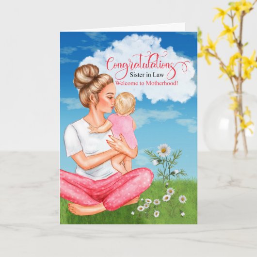 義理の妹新生児おめでとうベビーガール カード (黄色い花)