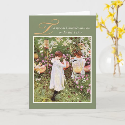 義理の娘，母の日，フラワーガーの女の子 カード (黄色い花)