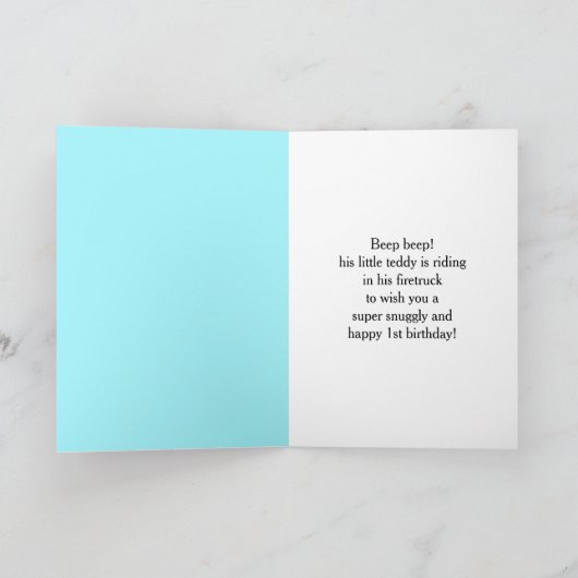 義理の弟1歳の誕生日テディベアファイアトラック カード (内部)
