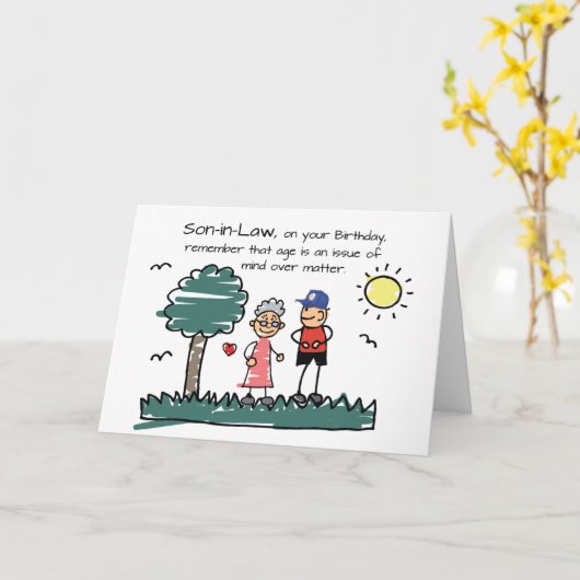 義理の息子が年上の誕生日のステッキ姿を手に カード (黄色い花)