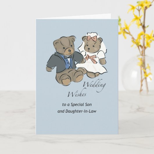 義理の息子と娘テディベア結婚の願い カード (黄色い花)