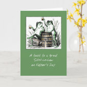 義理の息子のお父さんの日のカエルがビールを自慢 カード (黄色い花)