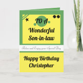 義理の息子の緑と黄色のハッピーバースデー カード (正面)