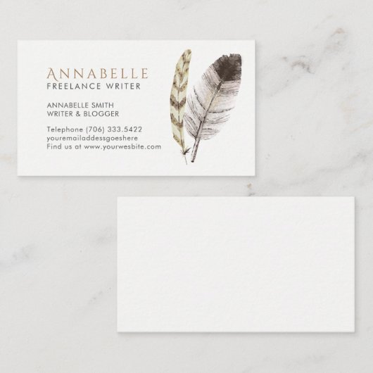 羽が付いているフリーランス・ライターの名刺 名刺 (正面/裏面)