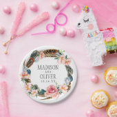 羽が付いている水彩画の花のリース結婚する| ペーパープレート (パーティー)