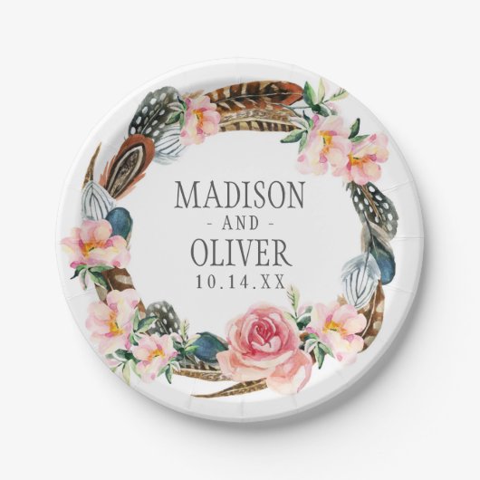 羽が付いている水彩画の花のリース結婚する| ペーパープレート (正面)