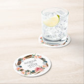 羽が付いている水彩画の花のリース結婚する| ラウンドペーパーコースター (インサイチュ)