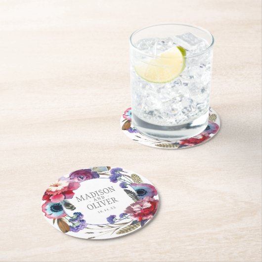 羽との野生の花のシャクヤクの花柄結婚する| ラウンドペーパーコースター (インサイチュ)