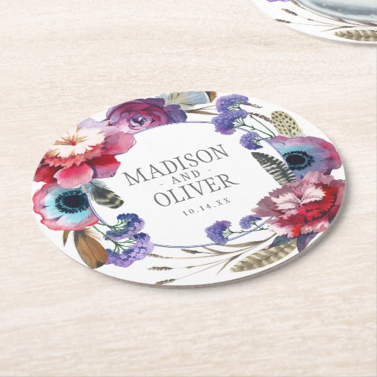 羽との野生の花のシャクヤクの花柄結婚する| ラウンドペーパーコースター (アングル)