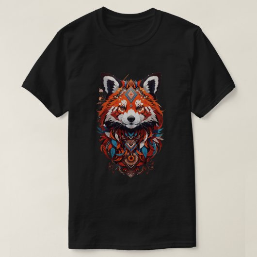 羽とオーナメントTシャツを着たカラフルキツネ Tシャツ (デザイン正面)