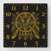 羽と幾何学的な模様を持つバイソンデザイン スクエア壁時計 (正面)