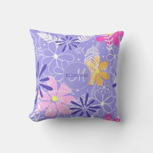 羽と花のモノグラムの模様 クッション (正面)