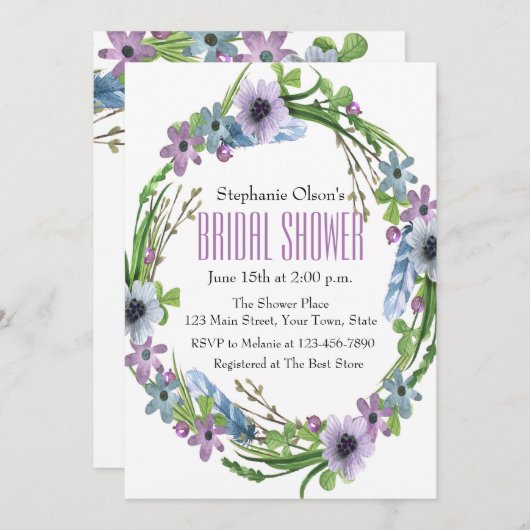 羽と花ブライダルシャワー 招待状 (正面/裏面)