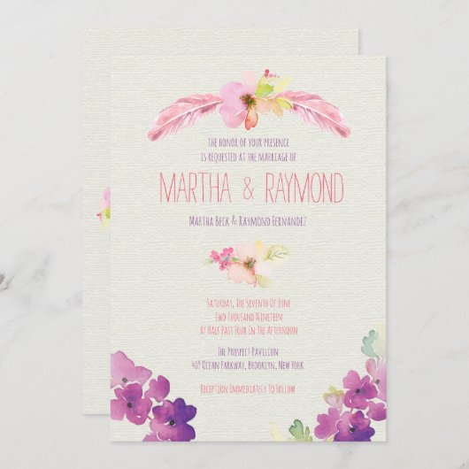 羽と花，結婚式招待状 招待状 (正面/裏面)