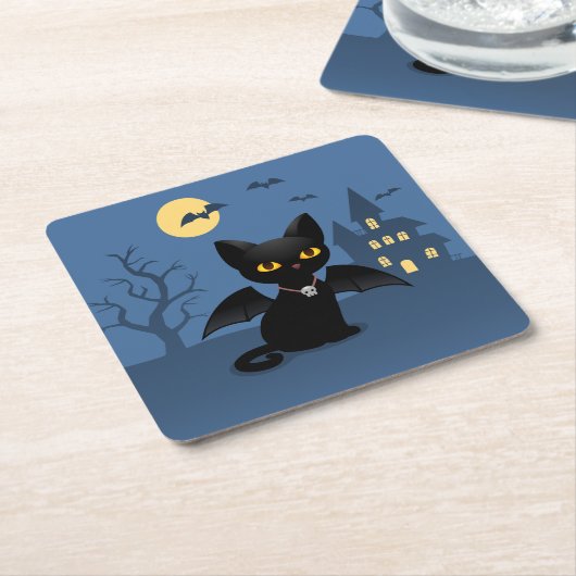 羽のあるハロウィン吸血鬼黒猫 スクエアペーパーコースター (アングル)