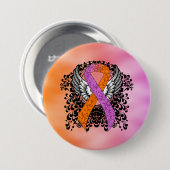 羽のある蘭とオレンジの認識度リボン 缶バッジ (正面&裏面)