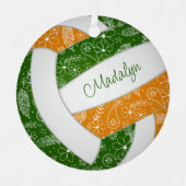 羽のペイリーズ模様グリーンオレンジバレーボール メタルオーナメント (正面)