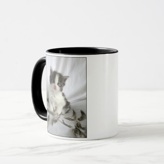 羽のマグを持つかわいいメインのあらいぐまの子ネコ マグカップ (正面左)