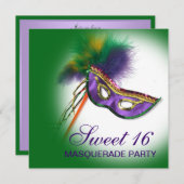 羽のマスクの紫色の菓子16の仮面舞踏会のパーティー 招待状 (正面/裏面)