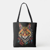 羽の付いたトライバルキャットヘッドグラフィックティー詳細 トートバッグ (裏面)