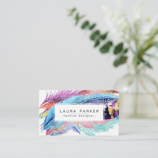 羽の水彩画のボヘミアのヴィンテージのガーリーな上品 名刺 (スタンド正面)