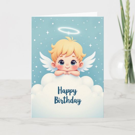 羽の生えた天使の誕生日カード カード (正面)