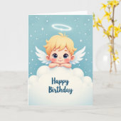 羽の生えた天使の誕生日カード カード (黄色い花)