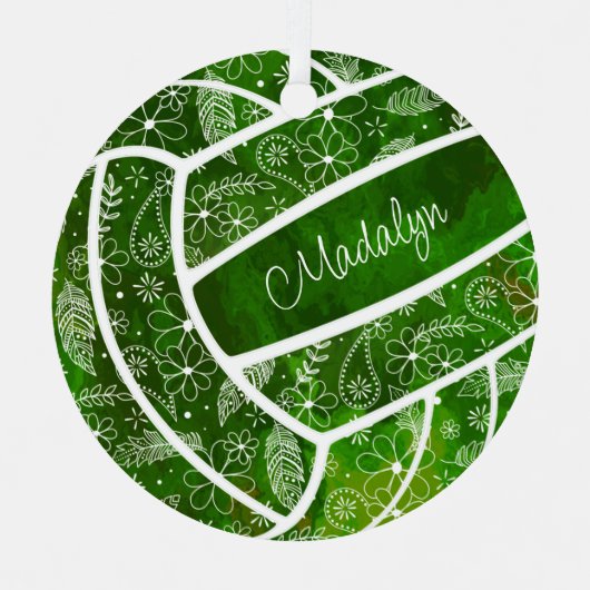 羽の花の模様グリーンバレーボール メタルオーナメント (正面)