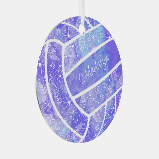 羽の花の模様パープルバレーボール メタルオーナメント (正面右)