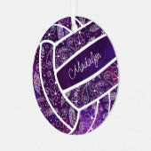 羽の花の模様パープルバレーボール メタルオーナメント (正面左)