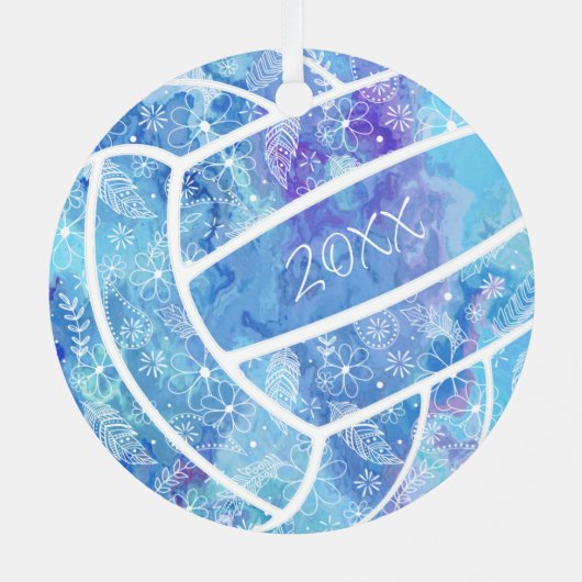 羽の花の模様ブルーバレーボール メタルオーナメント (裏面)
