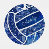 羽の花の模様ブルーバレーボール メタルオーナメント (正面)