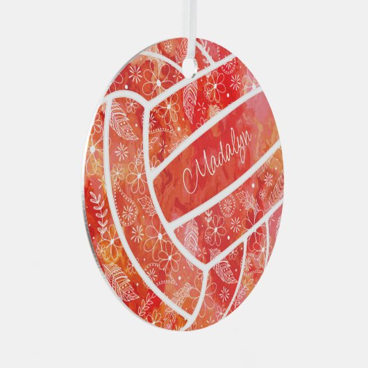 羽の花の模様レッドバレーボール メタルオーナメント (正面右)