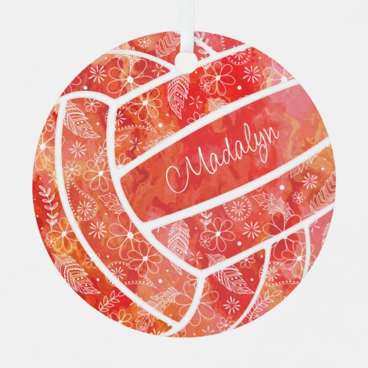 羽の花の模様レッドバレーボール メタルオーナメント (正面)