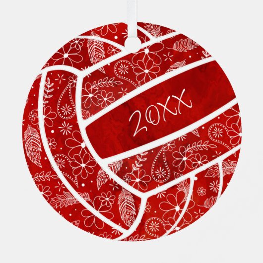 羽の花の模様レッドバレーボール メタルオーナメント (裏面)