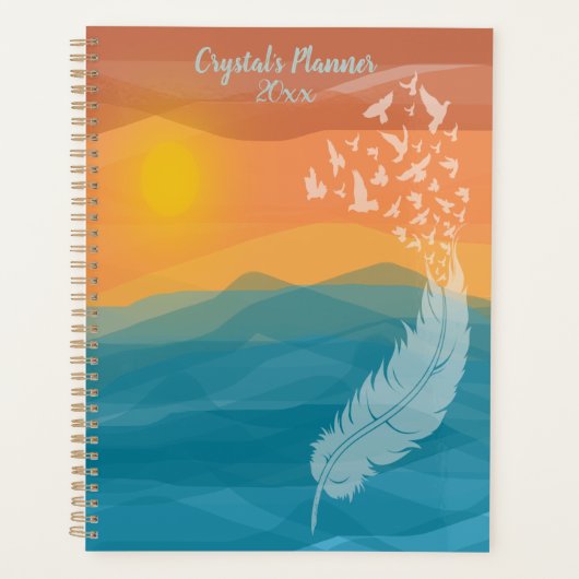 羽の鳥に覆われた水色の海の夕日 プランナー手帳 (正面)