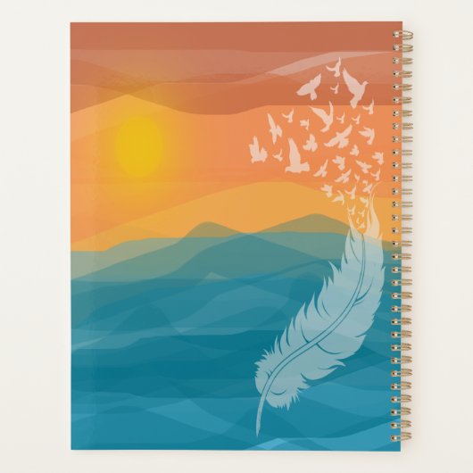 羽の鳥に覆われた水色の海の夕日 プランナー手帳 (裏面)