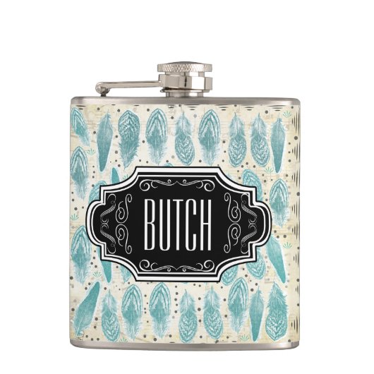 羽の黒とタンのヒップスターのパターン フラスク (正面)